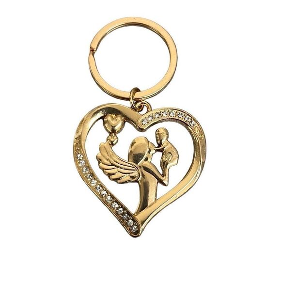 Angel and Child Baby Heart Shaped Gold Tone Faux Diamond Keychain NEW - Picture 1 of 4